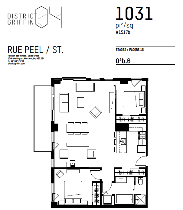 Comment résister à ce condo de District Griffin sur Peel avec vue sur le centre-ville? L’unité #1517B offre non seulement un vue exceptionnelle du centre-ville de Montréal du 15e étage...