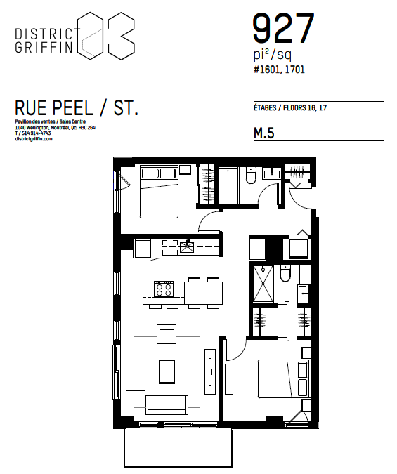 Located in District Griffin sur Peel (Phase 03),  this charming condo for sale provides lots of sunlight and a partial view on Mont-Royal and downtown Montreal!  Units located on the 16th floor and above also let you see parts of the Lachine Canal.